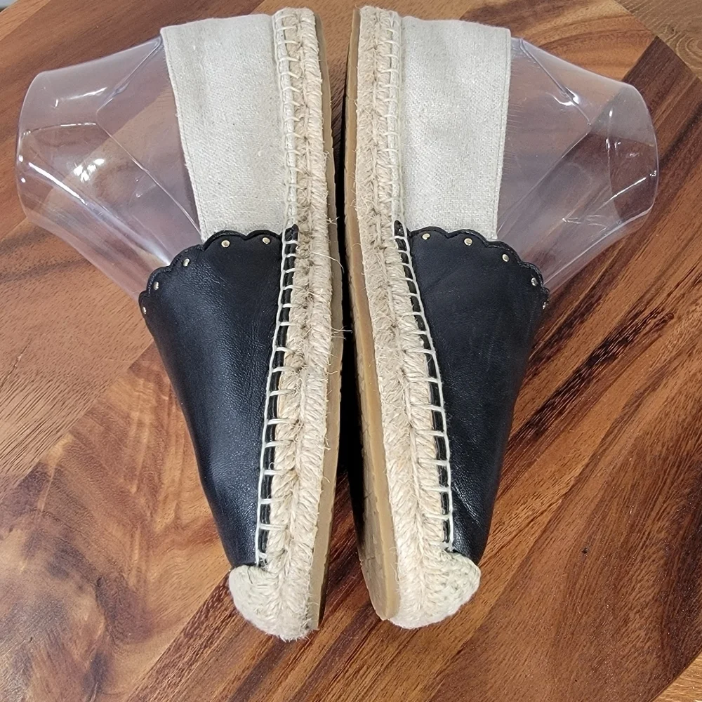 Kate Spade Gardenia Black Leather and Cream Espadrilles Size 8 Scalloped Summer